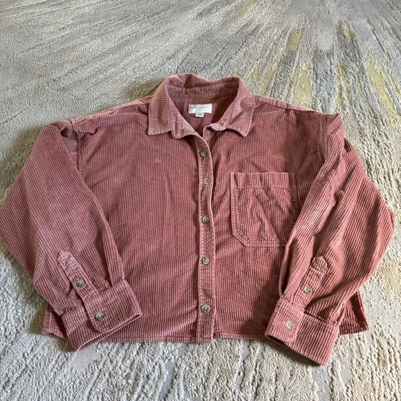 American eagle cropped corduroy button down shirt pink maeve collar pocket small - Picture 4 of 9